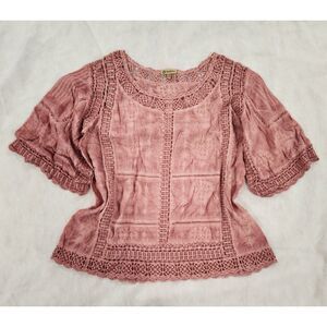 Democracy Womens Blouse M Pink Crochet Lace Boho Peasant Festival Top
